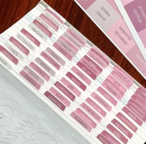 Pink Bible tabs applied to Bible pages