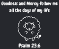 White vinyl Psalm 23:6 sheep car decal shown on a dark background